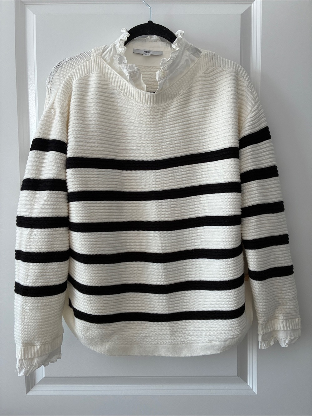 NEXT Size M Striped 2-in-1 Layered Knit Jumper with a Poplin Ruffle